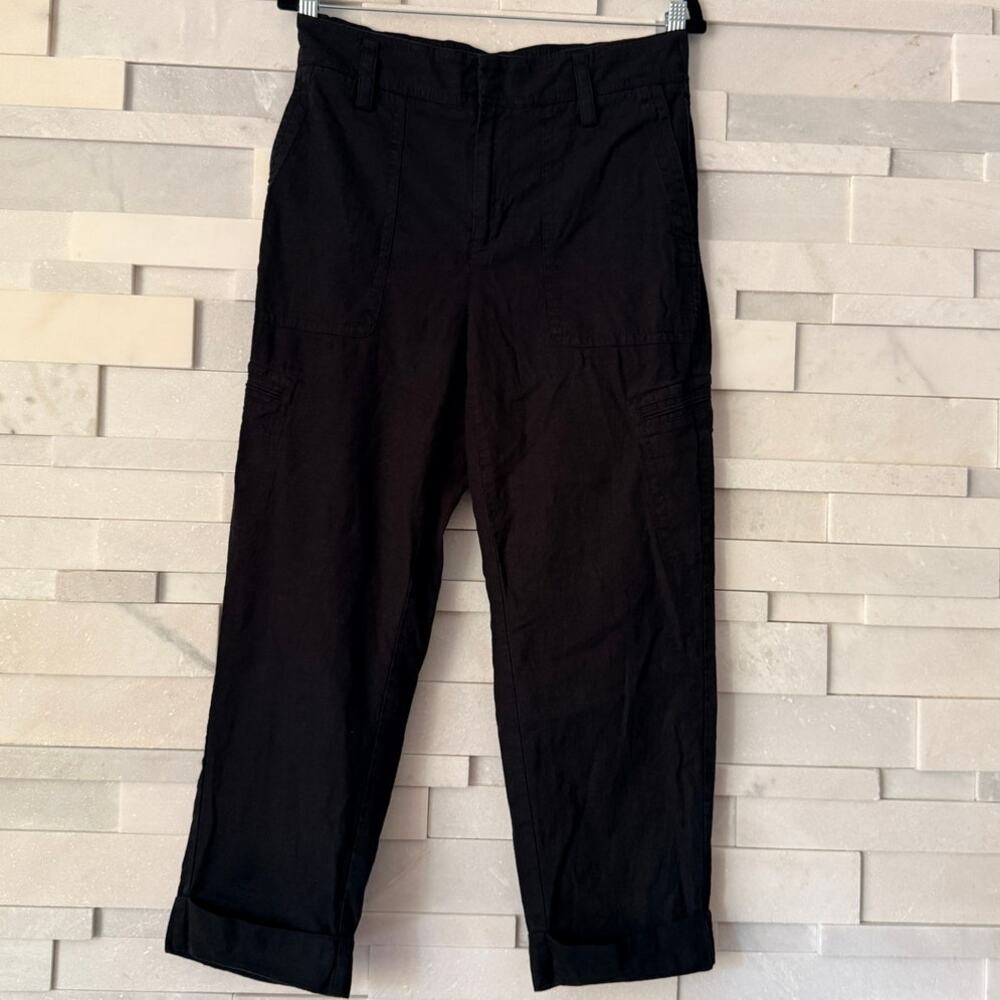 VINCE Linen Cargo Cuff Tapered Ankle Pants Trousers Pockets Black M Minimalist
